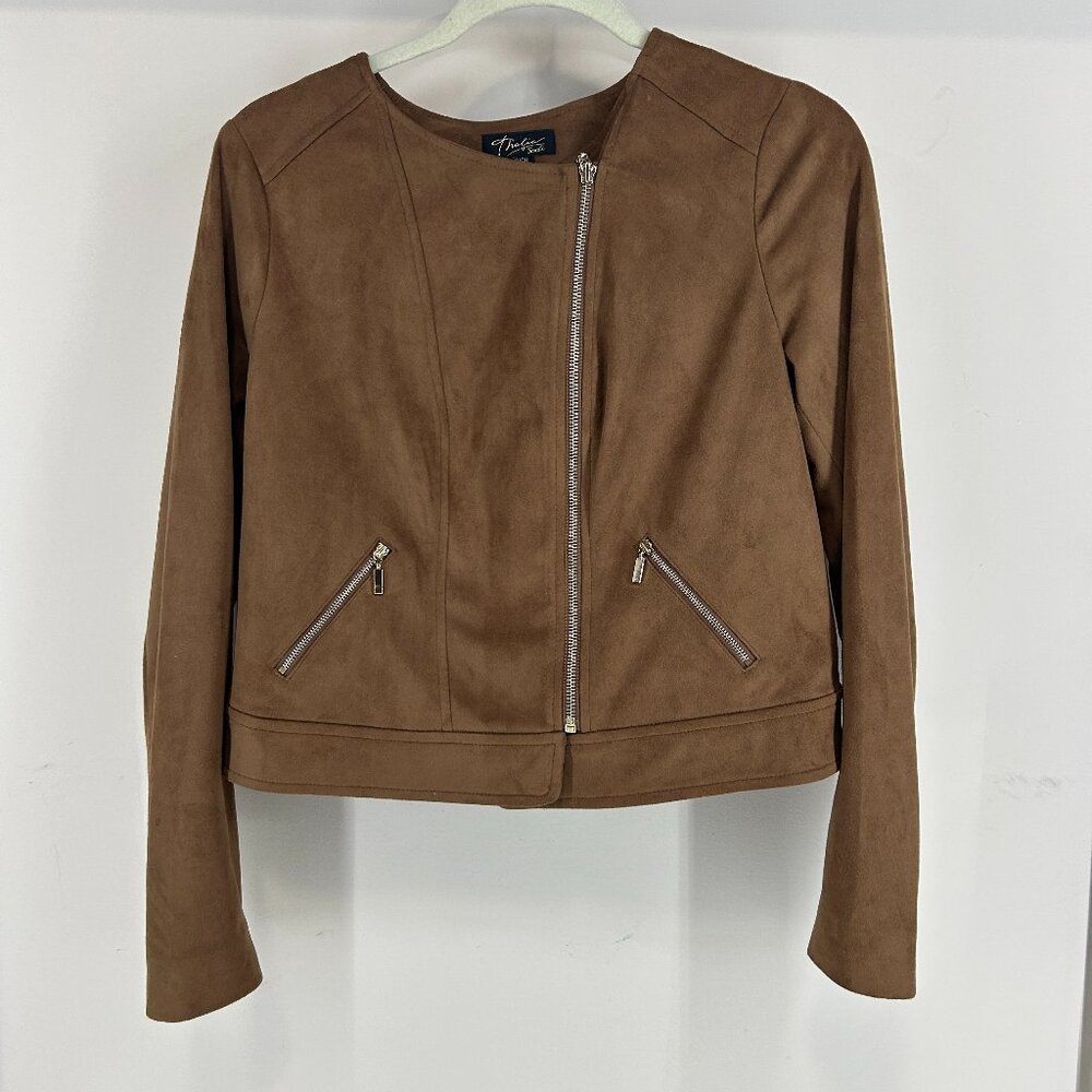 Thalia Sodi  Size S Women's Faux Suede Moto Jacket With Zipper Brown supple soft